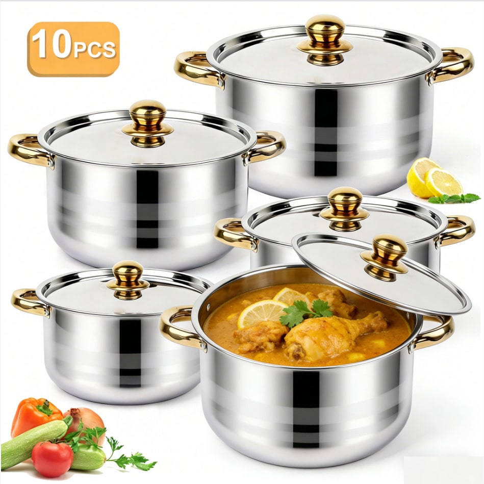 Home Cooking Cookbook - ステンレス製鍋セット モダンラグジュアリー調理器具 ストックポットセット シルバーボディ ゴールドハンドル 10点セット