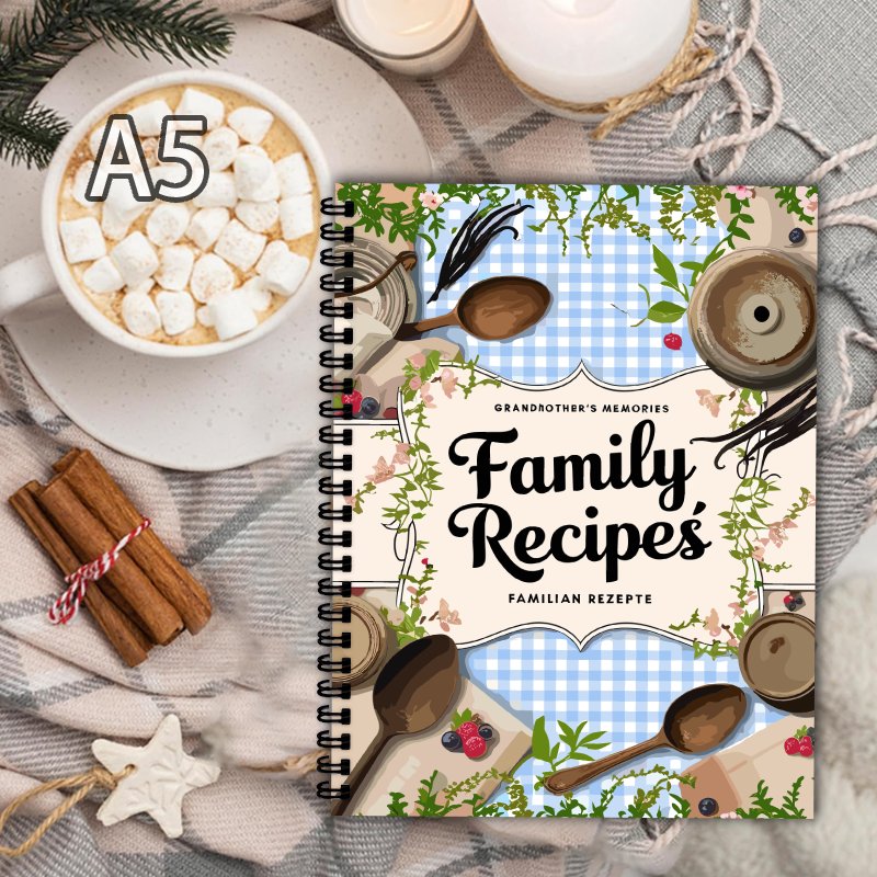 A5レシピブック、ブルーグリッド、蔓模様デザイン、家庭料理愛 - Home Cooking Recipes のレビューと価格