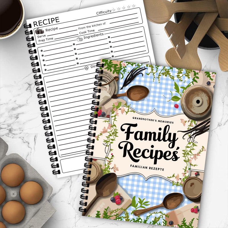 A5レシピブック、ブルーグリッド、蔓模様デザイン、家庭料理愛 - Home Cooking Recipes のレビューと価格